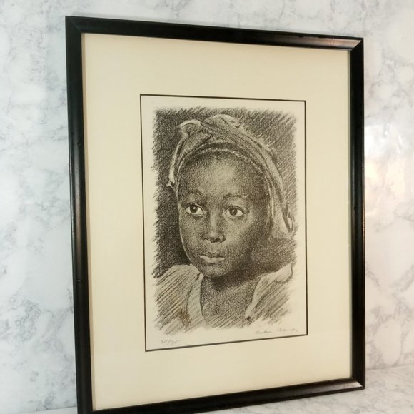 Pencil Drawing of Doe-Eyed Seeing Little Girl Of African Descent Wearing Scarf o - Picture 3 of 4